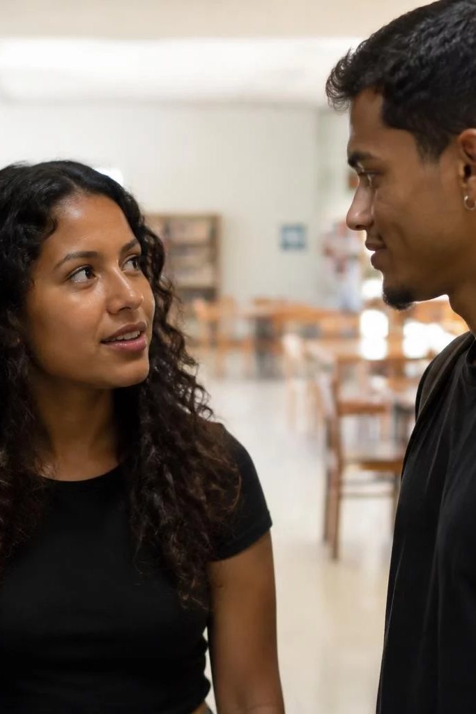 Duas participantes de pé conversando no corredor entre prateleiras de livros